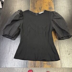 Zara Women's Black Organza Puff Sleeve Top/Blouse Size Small Zip‎ Back Party